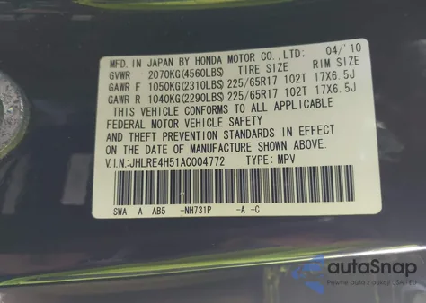 2010 Honda Cr-V Ex from USA, damaged, VIN JHLRE4H51AC004772